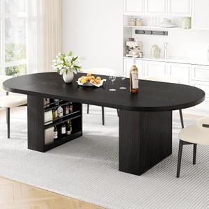 Jocoevol 70.8" Dining Table for 6-10 People, Oval Dining Room Table with 3-Tier Storage Shelf, Modern Black Kitchen Tables with Heavy Duty Pedestal Base for Home, Dining Room, Black, 70.8IN