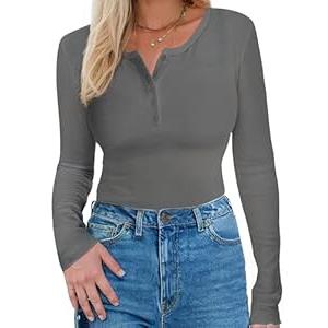 Long Sleeve Shirts for Women, Casual Solid Henley Tops Button Down Shirts, V Neck Blouses Basic Ribbed Knit T Shirts Tunic, Basic Fall Spring T-Shirts for Women for Cocktail Party Holiday (Gray, M)