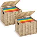 Jingmore 2 Pack Paper Rope File Box Organizers Collapsible Letter Size Filing Cabinet with Lid Woven Hanging File Basket Portable Decorative Document Storage Box for Office/Decor/Home (Letter Size)