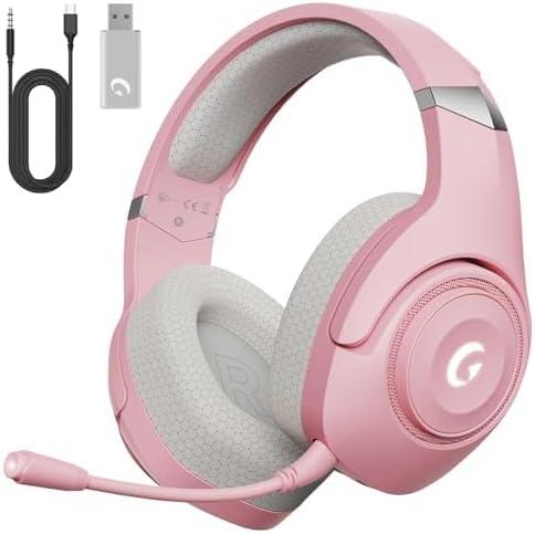 KAPEYDESI Wireless Gaming Headset for PS5, 2.4GHz Gaming Headphones Wireless with Noise Canceling Microphone for PS5, PS4, Fortnite & Call of Duty/FPS Gamers, 40-Hr Battery Gamer Headset for PC, Pink