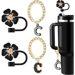 2 x Straw Covers for Stanley Cup Accessories: Black Decorations for Stanley 30 oz & 40 oz Tumbler with Handle, Bling Letter Charms and Flower Silicone Straw Cap Topper, Trendy Stuff for Teen Girls & Women
