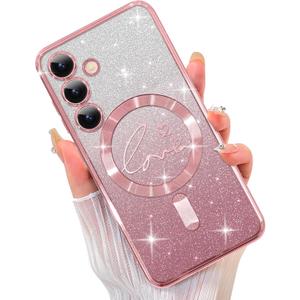 ZIYE Magnetic Case Designed for Samsung Galaxy S24 Glitter Case Luxury Plating Love Heart Compatible with MagSafe Clear Case with Camera Protector Protection Shockproof Cover for Women Girls-Pink