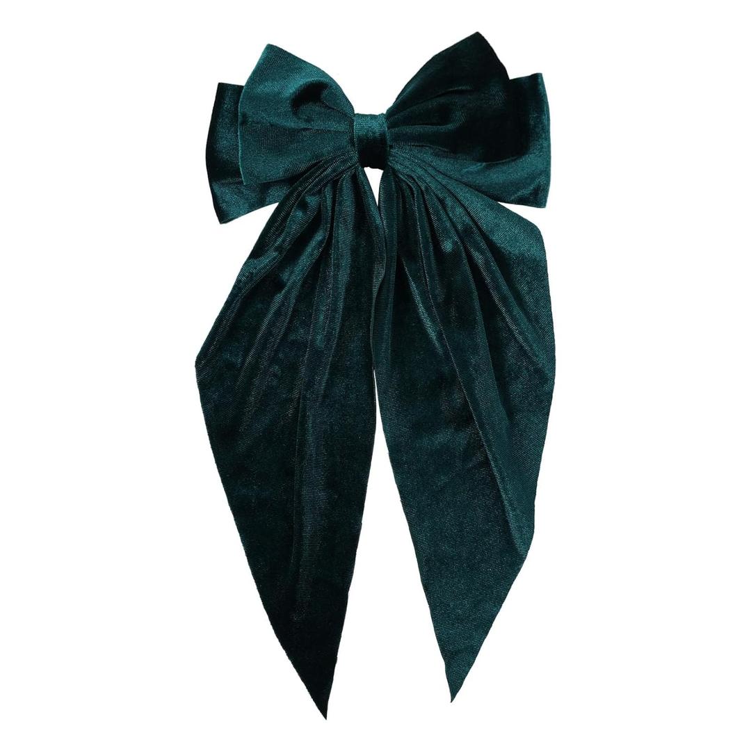 Green Velvet Large Hair Bow Long Tail Bowknot Hair Barrette Clip 8.26 Inch Women Girls Fall Winter Ponytail Holder Hair Accessories