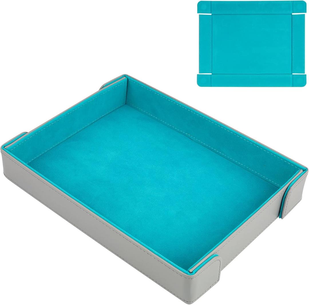 PU Leather Dice Tray Magnetic Folding Dice Rolling Mat with Felt Lining for Dice Games Portable Tabletop Board Games Tray, Grey and Blue