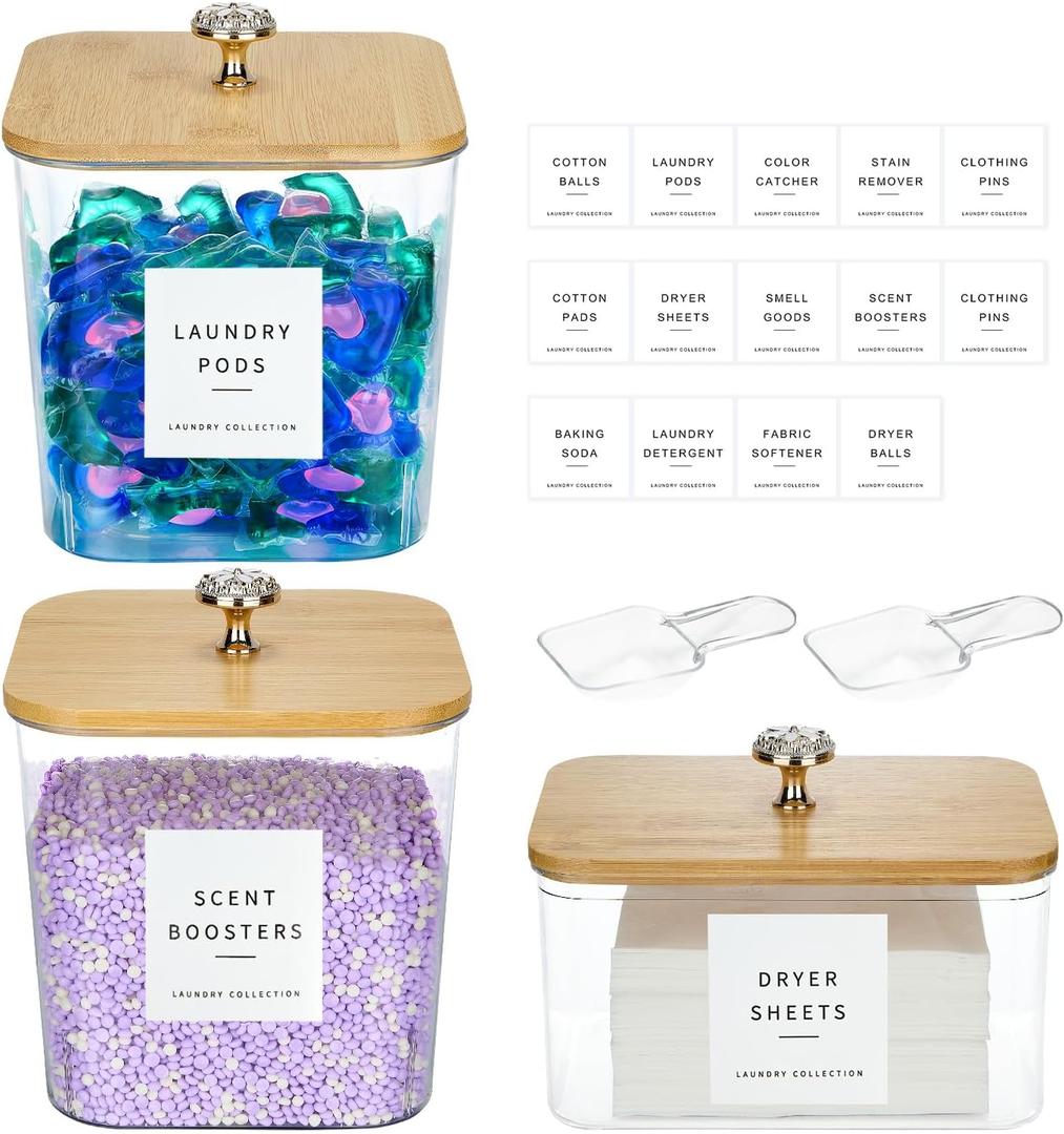 3 Pack Laundry Room Organization Storage Containers Acrylic Laundry Pod Containers and Dryer Sheet Holder with Lids and Labels for Laundry Detergent Laundry Pods Dry Sheet Organizing (2+1 Pack)