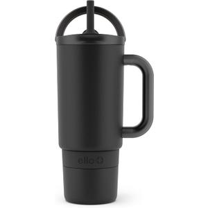Ello Port 30oz Tumbler with Carry Loop & Integrated Handle | Vacuum Insulated Stainless Steel Reusable Water Bottle Travel Mug | Leak Proof Lid | Flexible Straw | BPA-Free | Dishwasher Safe | Black