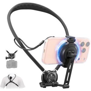 K&F CONCEPT Neck Phone Holder, 2-in-1 Magnetic & Clip-on Phone Neck Holder, POV Phone Holder, Hand Free Chest Stand Compatible with iPhone 17-12 Seires Android Phones