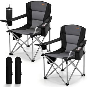 VEVOR Oversized Camping Folding Chair, Portable Heavy Duty Outdoor Quad Lumbar Back Padded with Side Pockets, Cup Holder and Cooler Bag for Beach, Lawn, Picnic, Fishing, Backpacking, 2 Pack