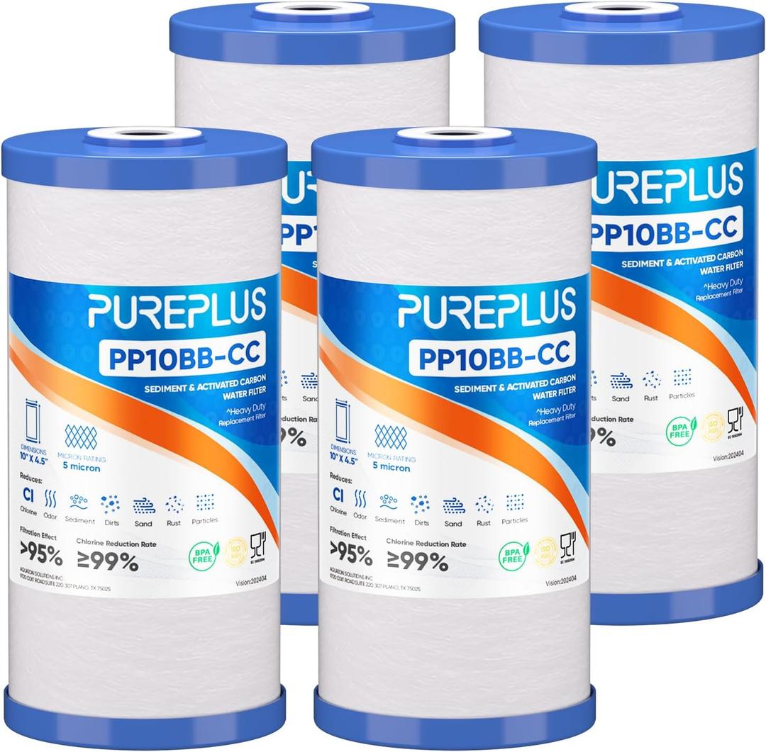 PUREPLUS 5 Micron 10" x 4.5" Whole House FXHTC Sediment and Carbon Water Filter Replacement Cartridge for GXWH40L, GXWH35F, GNWH38S, RFC-BBSA, WRC25HD, PP10BB-CC, RFC-BB, WFHD13001, 4Pack (4 Count (Pack of 1))