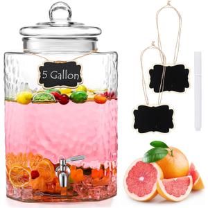 Baderke 5 Gallon Glass Drink Dispenser for Parties Beverage Glass Water Dispenser With 18/8 Stainless Steel Leakproof Spigot Hanging Chalkboard Signs Pen for Party Wedding