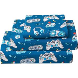 Softan Kids Bed Sheet Set, 4-Piece Full Size Sheets, Microfiber Fitted Sheet with 15 Inches Deep Pocket and Corner Straps, Breathable & Silky Soft Game Controller Printed Sheet and Pillowcase Sets