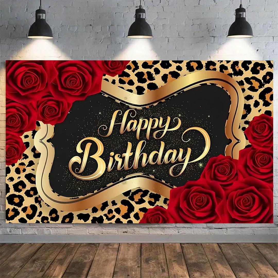 Cheetah Print Backdrop Rose Black Gold Leopard Print Birthday Background Men Women Adult Cheetah Party Decorations Girls Cake Table Photo Shoot Props-7X5FT
