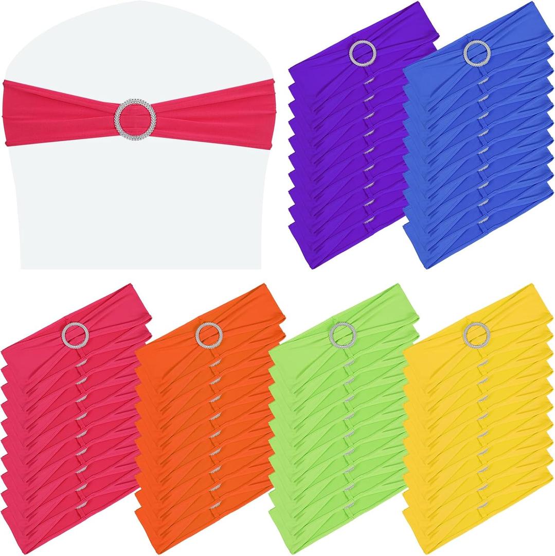 60 Pcs Stretch Spandex Chair Sashes Bands Bows with Buckle Slider, 6 Colors, for Wedding Party Banquet Reception Baby Shower Event Decorations
