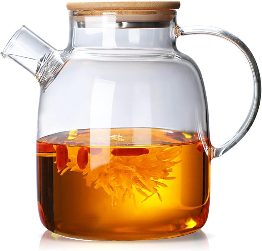 Glass Tea Pot Kettles Stovetop Safe, 60.8oz/1800mL Heatproof Borosilicate Glass Teapot Water Pitcher With Bamboo Lid and Removable Filter Spout for Loose Leaf and Blooming Tea