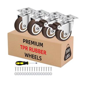 1.5 Inch Heavy Duty Caster Wheels Set of 4-300 LB Capacity Swivel Furniture Wheels with Brakes - Silent Rubber Casters for Workbench, Cabinet, Coffee Table