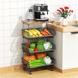 Gsiekare Fruit Vegetable Basket for Kitchen, 4 Tier Stackable Fruit Vegetable Storage Baskets with Wheels, Metal Wire Storage Basket Organizer Baskets for Kitchen, Pantry, Bathroom (Black With Wooden Top)
