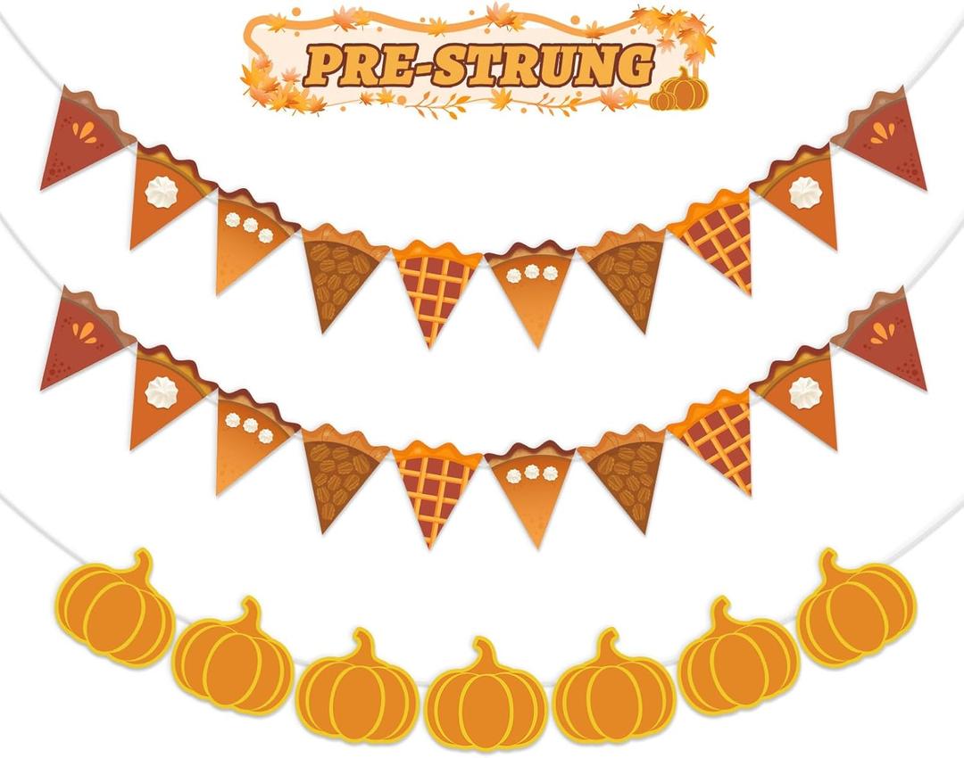 Thanksgiving Banner, Pre-Strung Pumpkin Pie Banner Thanksgiving Garland Decor for Fall Party Harvest Home Indoor Mantel Pumpkin Decorations Party Supplies
