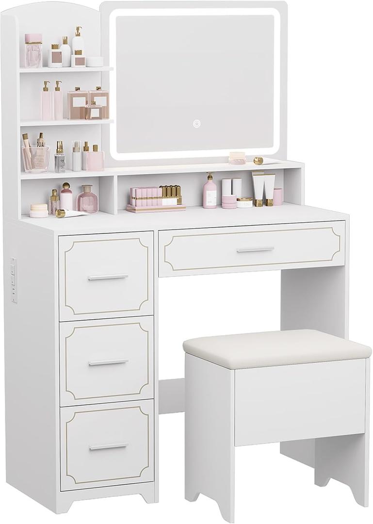 Vanity Table with LED Mirror & Power Outlet - 5 Open Shelves, 4 Drawers - Includes Padded Stool - Ideal Bedroom Makeup Dressing Table White