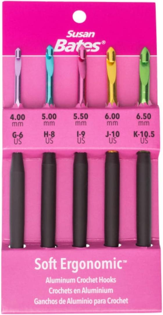 Susan Bates Silvalume Soft Ergonomic Crochet Hook Set Sizes G6/4mm to K10.5/6.5mm 7 PCS