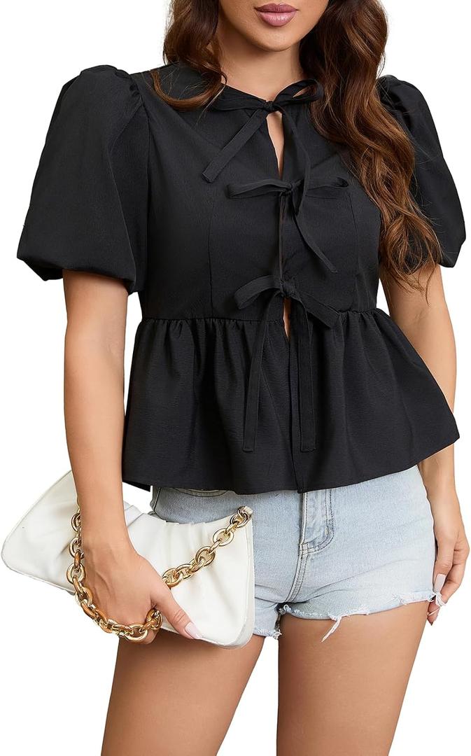 Womens Babydoll Peplum Tops Summer Puff Short Sleeve Bow Tie Blouse Y2k Cute Trendy 2025 Shirts (Black, S)