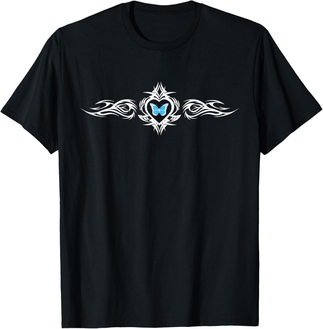 Butterfly Heart Tattoo Blue y2k Grunge Egirl Aesthetic T-Shirt (XL, Black)
