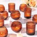 30pcs Assorted Ribbed Amber Votive Candle Holders, Amber Tea Lights Candle Holder for Wedding Decorations, Clear Glass Candle Holders for Fall Decor, Vintage Boho Party Home Table Centerpieces Decor