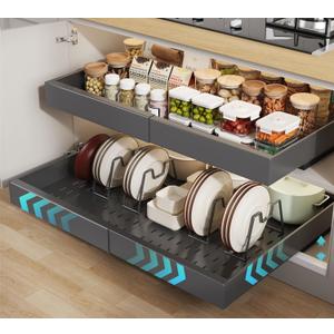 Seinloes 2 Pack Pull out Cabinet Organizer 21" Deep With Raising Pad for Framed Cabinets,Expandable (15.2"-26.3"W) Slide out Drawers for Kitchen Cabinets with 4pcs Divider Racks,Roll out Shelves,Black