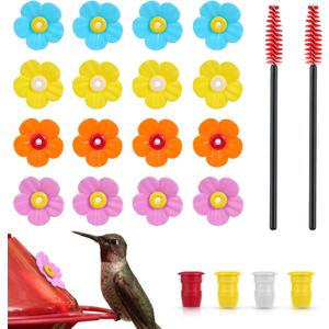 16 Pieces Hummingbird Feeders Replacement Flowers, Pet Hummingbird Feeder Parts Feeding Ports Bird Feeder Replacement Parts with 2 Cleaning Brush for Outdoor Hanging Feeders Bee Guards Kit(Colorful)