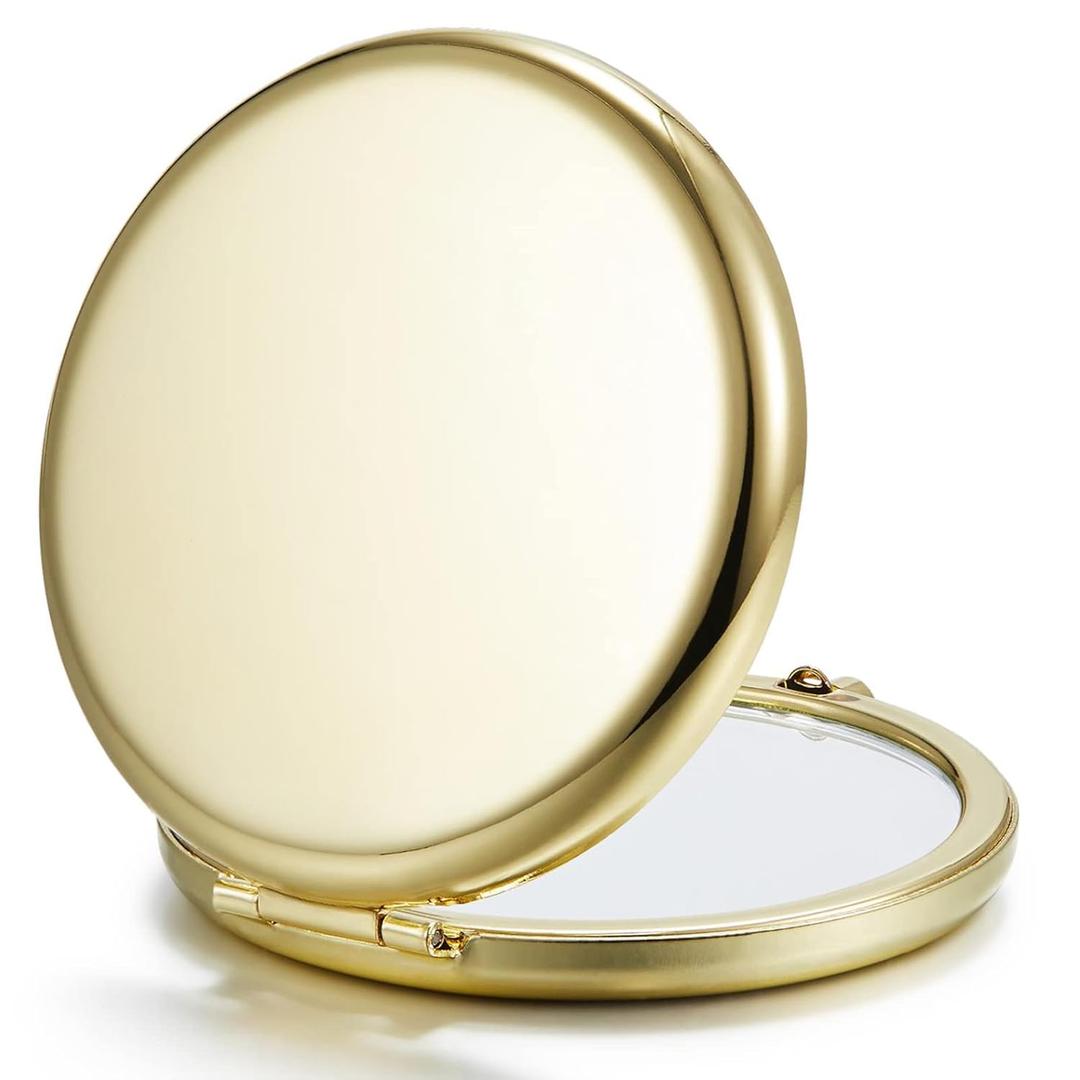 Getinbulk Compact Mirror for Purse, Double-Sided 1X/ 2X Magnifying Metal Pocket Makeup Mirrors(Round, Gold)