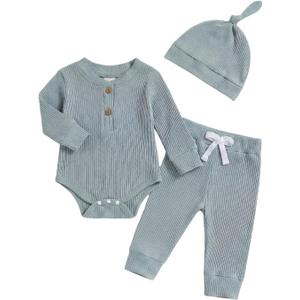 Newborn Baby Boy Clothes Long Sleeve Ribbed Bodysuit Pants Hat 3-Piece Outfit Set (0-3 Months, A1 Blue)