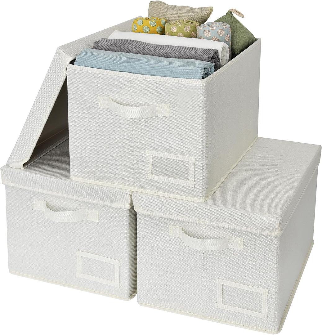 3 x GRANNY SAYS Storage Baskets for Organizing, Linen Closet Shelf Organizers and Storage Containers with Label Holder, Large Storage Bins with Lids for Bedroom, Ivory, 3-Pack
