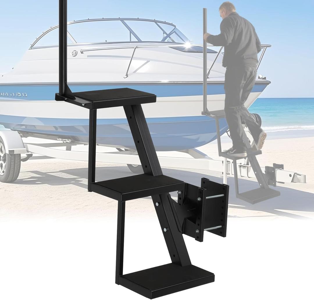 Boat Trailer Steps 3 Step w/Anti-Slip Mat & Handrail, 400LBS Capacity Boat Steps, Universal Fit Boat Trailer Tongue Steps, Flexible Step Height Installation, Easy Assembly & Safe Access