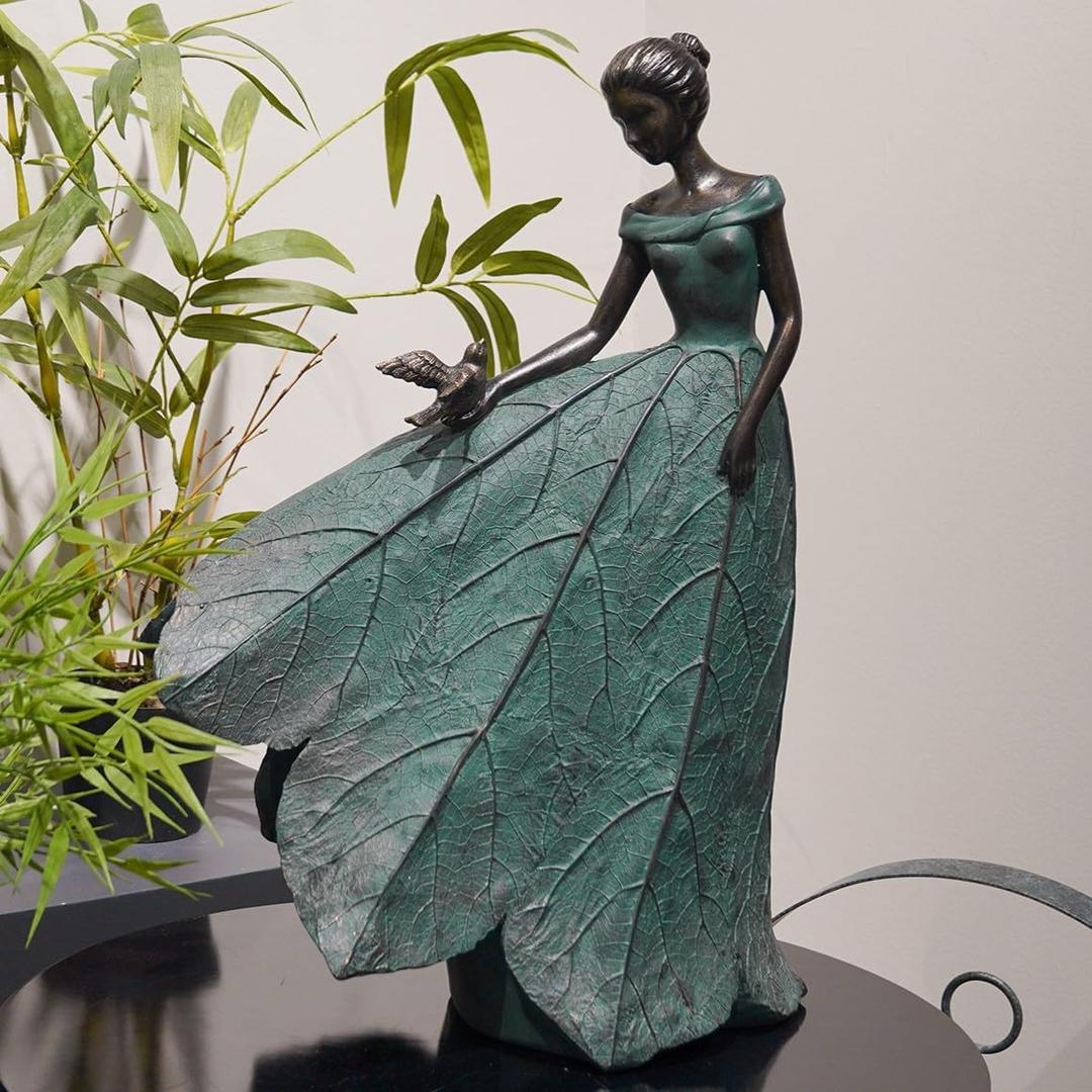 Guichifun Fairy Statue Collection Home Decoration - Leaf Angel Girls Resin Home Decor for Outside or Inside Rustic Garden Outdoor Yard Decorations Figurines Gift 14.25 x 9 x 20.25 Inch (X-Large, Green-bird)