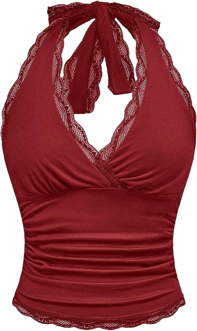 WDIRARA Women's Leopard Print Ruched Halter Crop Tops V Neck Tie Back Sleeveless Slim Fit Cami Tops (Large, Burgundy Lace)