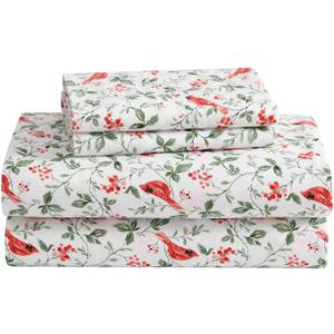 Laura Ashley - Flannel Sheets King Size, Anti-Pilling & Wrinkle Resistant Cotton, Touchably Soft for All-Season Comfort - Bed Sheets with Matching Pillowcases & Fitted Sheet (Jolly Cardinals Green)