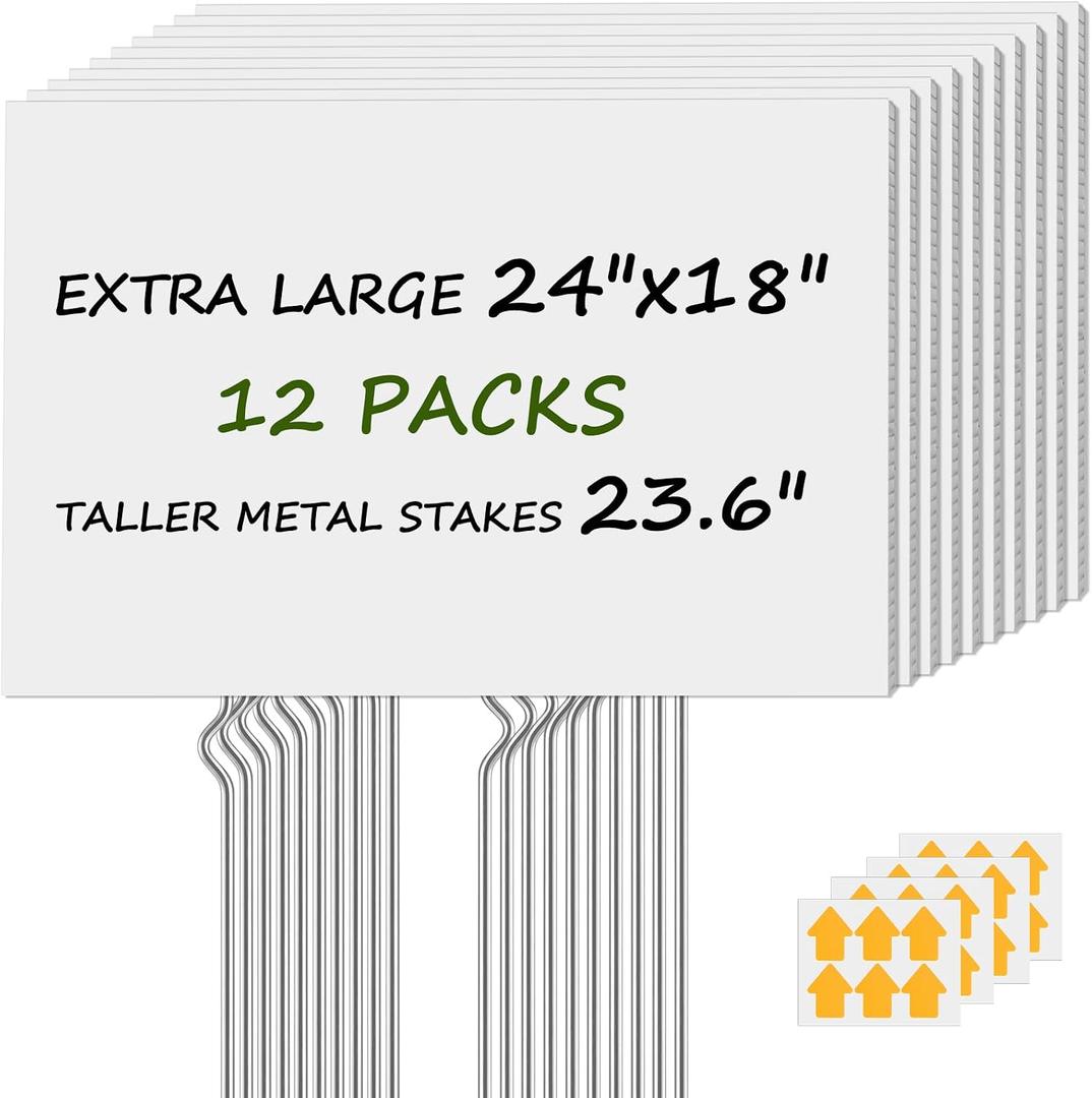Large Blank Yard Signs with Metal Stakes 18x24 Inch, 12 Pcs Waterproof Corrugated Plastic Board Custom Yard Sign with Arrows Stickers for Open House Garage Sale Birthday Lawn Decorations