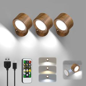 LED Wall Lights with Remote, 3 Pcs Rechargeable Wall Mounted Reading Sconces Lamp 3000mAh, 3 Colors & Dimmable Magnetic 360° Rotation Cordless Wall Lighting Spotlights for Bedroom Bedside Hallway