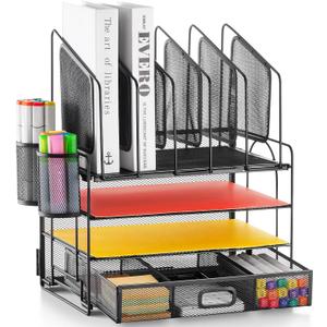 Marbrasse Desk organizer with Drawer, 4-Tier Mesh File Organizer with 5 Vertical File Holders and 2 Pen Holders, Multifunction Desktop Organizer,Desk Organizers and Accessories for Home Office