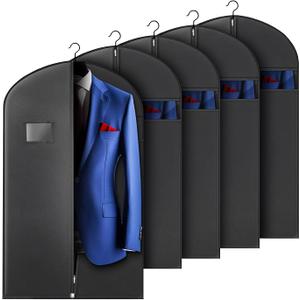 Hleelomi 5 Pack 40-inch Suit Bag Garment Bag for Travel and Storage, Garment Bags for Hanging Clothes with Zipper and Visible Transparent Window, Black