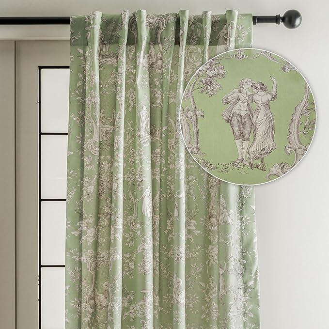 Maison d' Hermine Curtains for Living Room 100% Cotton 84 inch Length One Panel Light Filtering Toile Curtains for Bedroom Windows with Rod and Loop Pockets Drapes (Joli Jouy Green, 50" W x 84" L)