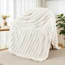 Exclusivo Mezcla Fleece Throw Blanket for Couch, Super Soft Striped Jacquard Bed Blanket, Lightweight Fuzzy Cozy for All Seasons, 50x60 Inches, Ivory