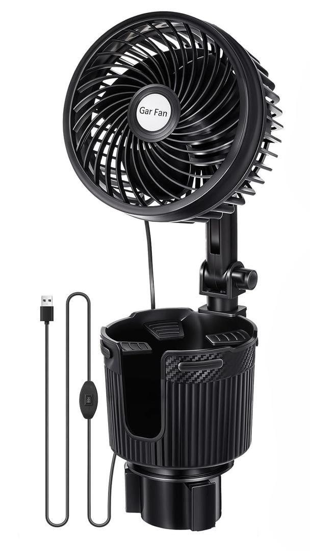 DaisyInner 1 Pcs USB Car Fan with Cup Holder 2 in 1 6 Inch Portable Vehicle Cooling Fan Expander 2 Speeds 360 Degree Rotation Adjustable Base Cup Holder for SUV Rv Truck Sedan Boat Supplies