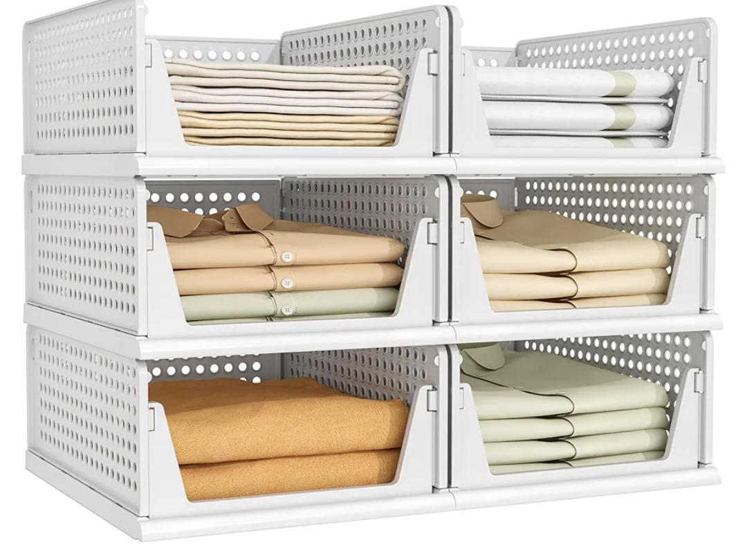 Pinkpum 6 Pack Closet Organizers Storage Bins, Stackable Plastic Drawer Basket for Clothing, Stackable Storage Bins Shelf Storage Container for Closet Wardrobe Bedroom Bathroom Office White