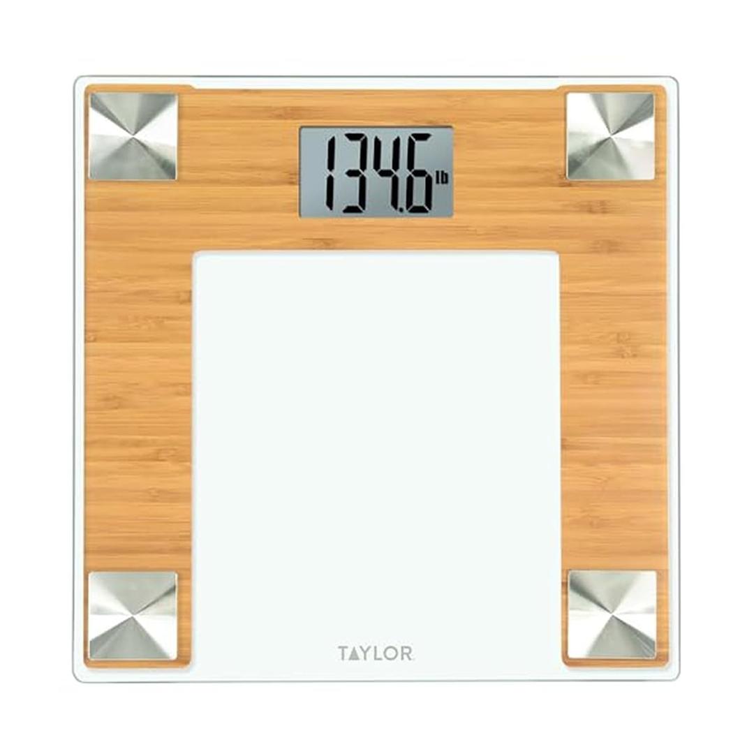 Taylor Digital Bath Scale for Body Weight, Bathroom Scale with Durable Glass Platform, 400 lb Capacity, Natural Bamboo and Spun Stainless Steel Accents