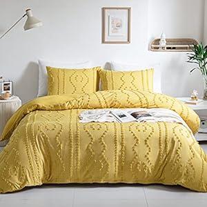 WARMDERN Boho Duvet Cover Set, Tufted Bedding Duvet Covers Soft Washed Microfiber Duvet Cover King Size, 3 Pieces Embroidery Shabby Chic Duvet Cover with Zipper Closure(Yellow, King)
