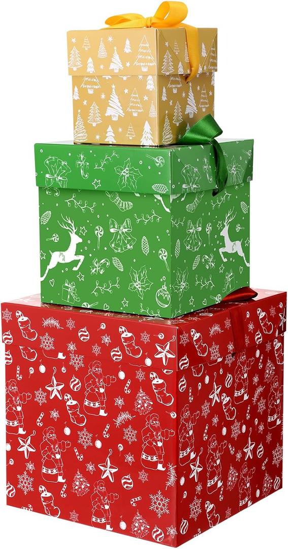 TecUnite 3 Pcs Christmas Stackable Nesting Gift Boxes Christmas Decorative Boxes with Lids for Present Wrapping Xmas New Year Holiday Party Xmas Tree Decor (Classic, Red, Green, Gold)