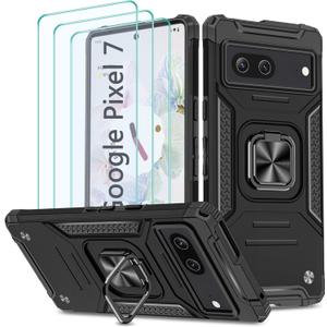 for Google Pixel 7 Case, Case for Google Pixel 7 with 3 Pcs Tempered Glass Screen Protector, Built in Magnetic Ring Kickstand Military-Grade Hard PC TPU Hybrid Shockproof Aromr Cover - Black