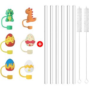 6PCS Easter Eggs Cover Cap with Reusable Glass Straws for Stanley Cup, Drinking Straws Size 11.8''x10MM with 2 Cleaning Brushes, Silicone Dinosaur Cute Straw Topper