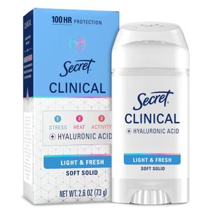 Secret Clinical Strength Antiperspirant Deodorant for Women, 100hr Sweat & Odor Protection, 3X Stress Protection with Hyaluronic Acid, PH Balancing Minerals, Soft Solid, Light & Fresh Scent, 2.6 oz
