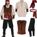 Men's Pirate Costume 5 Pcs Medieval Renaissance Outfits Halloween Viking Set (X-Large, Z3601)